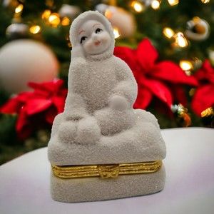 White Gold Christmas Holiday Girl Covered in Snow Hinged Trinket Box Ceramic